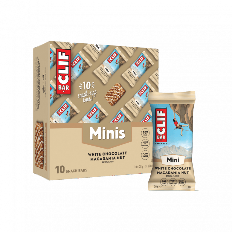 Box of 10 Clif Nutrition Mini Bars, plant-based protein snack bars, shown in colorful packaging on a white background.