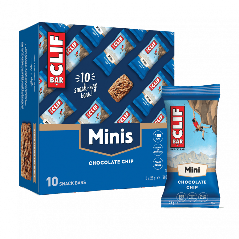 Clif Nutrition Mini Bars box with 10 plant-based protein snack bars, displayed in a colorful package.