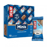 Clif Nutrition Mini Bars box with 10 plant-based protein snack bars, displayed in a colorful package.
