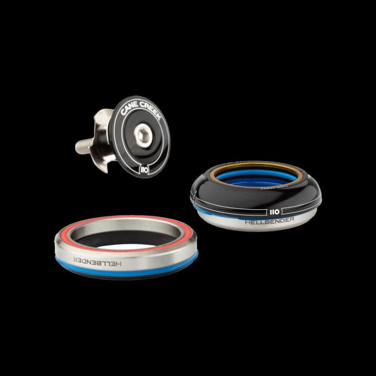 Cane Creek 110-Series wide black headset with IS41/28.6 and IS52/40 bearings, featuring 9mm bearings for bike components.