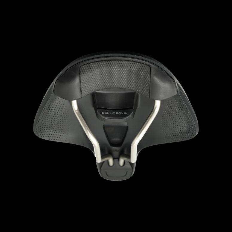 Selle Royal On Open E-Bike saddle featuring Royalgel™ comfort and waterproof design, shown on a bicycle component.