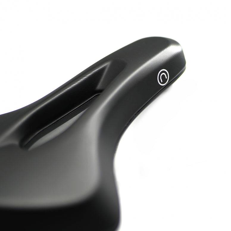 Selle Royal On Open e-bike saddle with Royalgel™ comfort and waterproof design, showing the sleek black saddle on a bicycle.