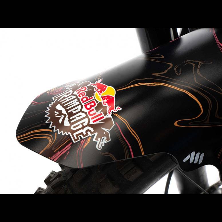 All Mountain Style Red Bull Rampage Ridgeline mud guard for mountain bikes, showcasing durable plastic protection on a mountain bike.