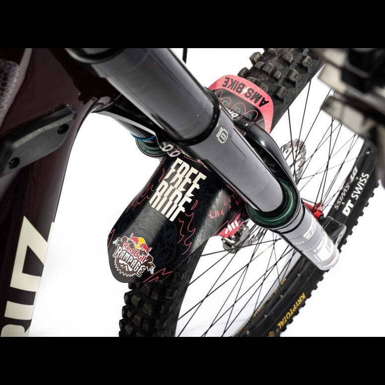 All Mountain Style Red Bull Rampage MTB freeride mud guard in black attached to mountain bike forks.