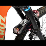 All Mountain Style Red Bull Rampage MTB mud guard in black attached to mountain bike forks, designed to protect against mud and debris.