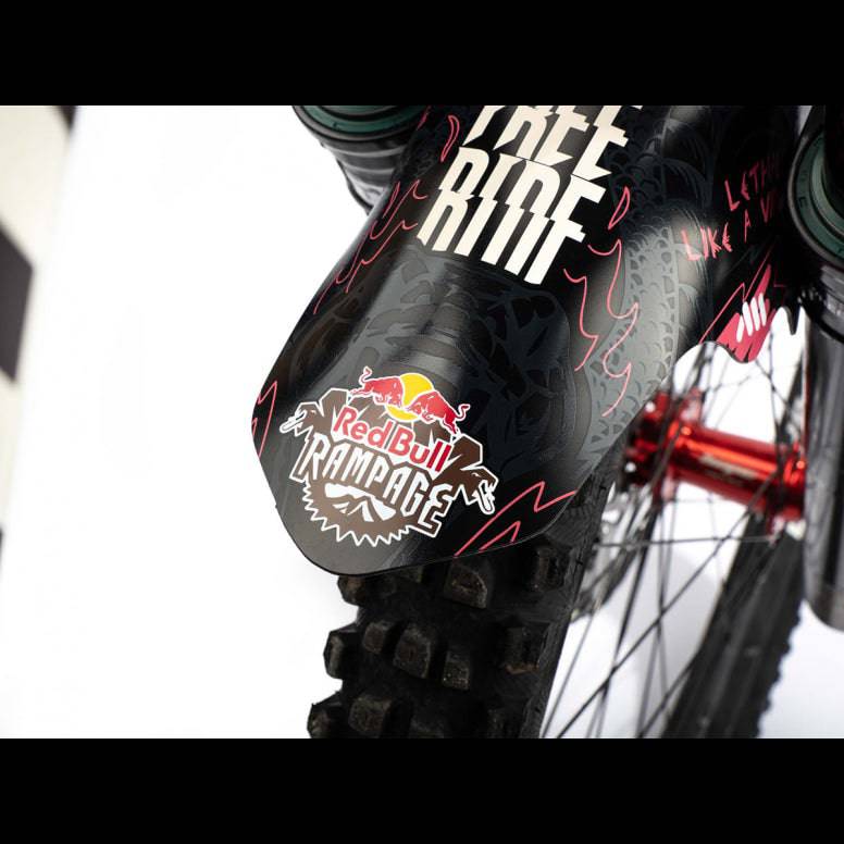 All Mountain Style Red Bull Rampage mud guard for MTB forks, black mountain biking accessories with red and white branding details.