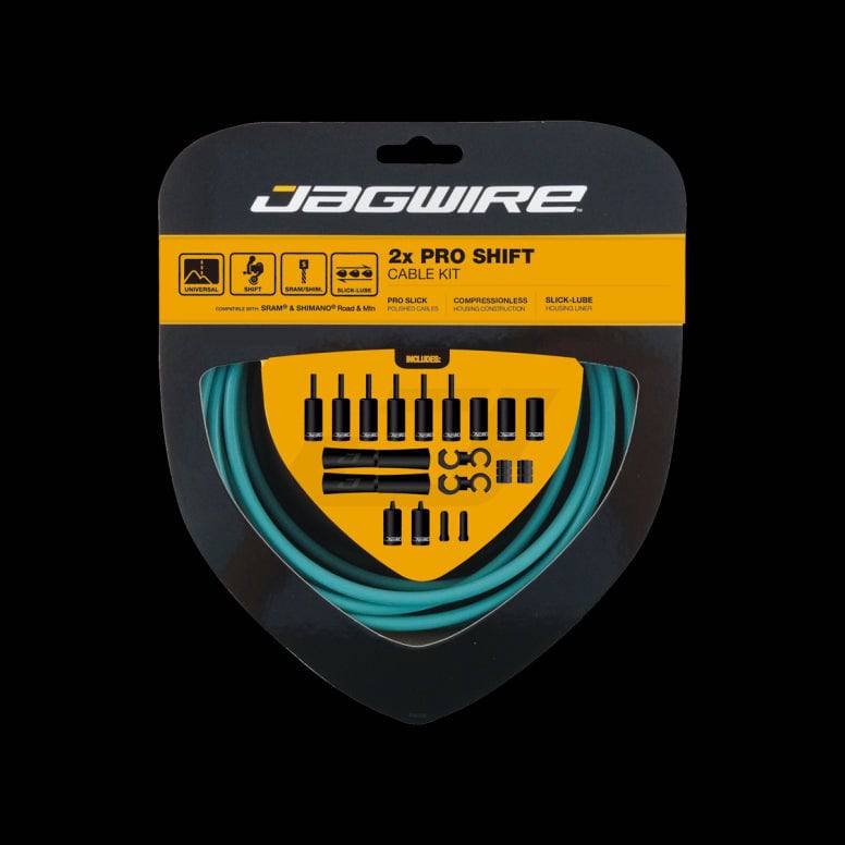 Jagwire Pro Shift Kit 2x Celeste bike derailleur cable set with front and rear cables on a white background.