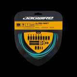 Jagwire Pro Shift Kit 2x Celeste bike derailleur cable set with front and rear cables on a white background.