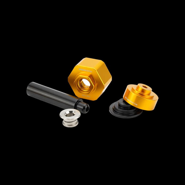Enduro Bearings BRT-040 workshop tool kit in black and gold for bearing removal and installation, including BB and hub tools.