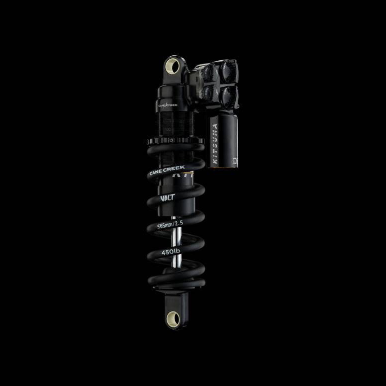 Cane Creek G2 Kitsuma Coil Shock for downhill mountain bikes with adjustable suspension, showing the coil spring and shock body.