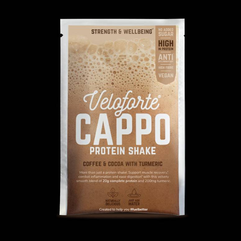 Veloforte vegan and whey protein shake bottles, low-calorie supplement for gut health and post-workout recovery.