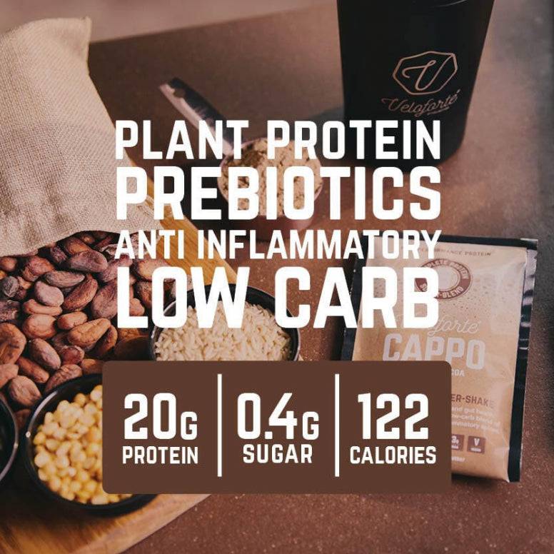 Veloforte vegan and whey protein shake bottles, showcasing low-calorie, gut health, and recovery benefits, designed as fitness accessories.