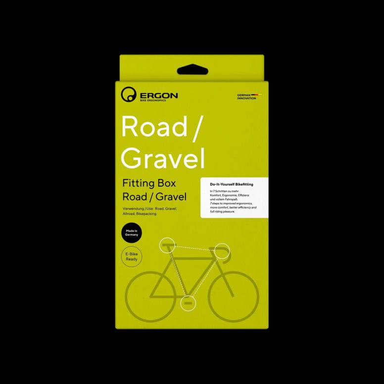 Ergon Fitting Box bike adjustment kit with components for saddle, handlebar, and pedal comfort, featuring various adjustment tools.