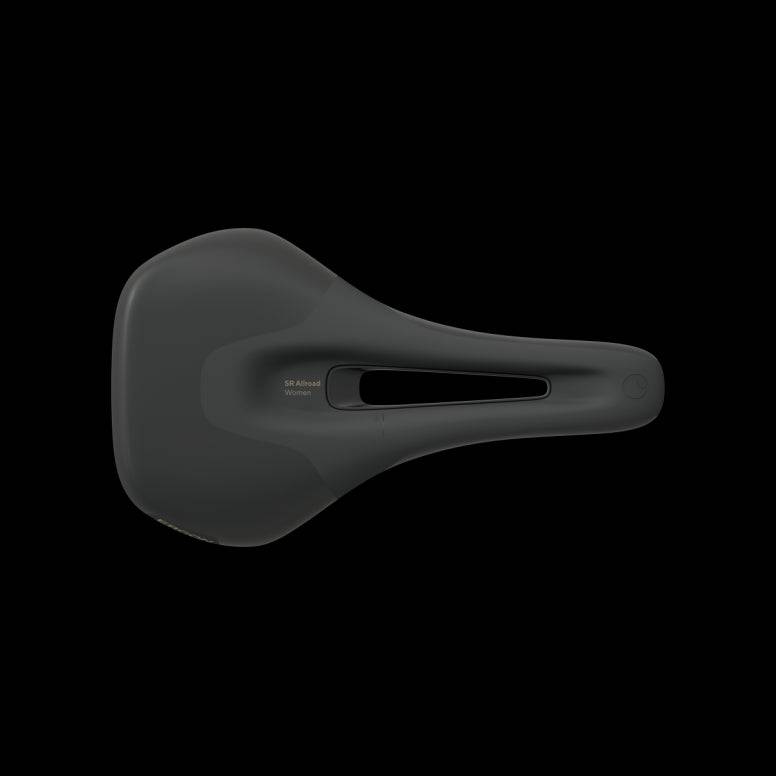 Ergon SR Allroad women's saddle for gravel racing, training, and bikepacking, shown mounted on a bicycle seat post.