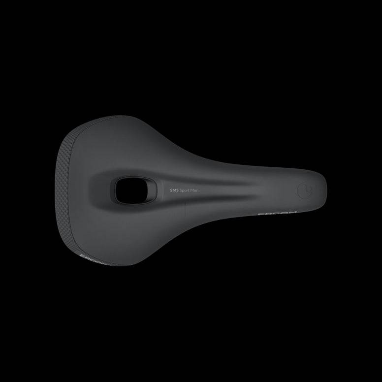 Ergon SMS Sport Men mountain bike saddle with ergonomic design, suitable for MTB and e-MTB cycling, shown on a bike.