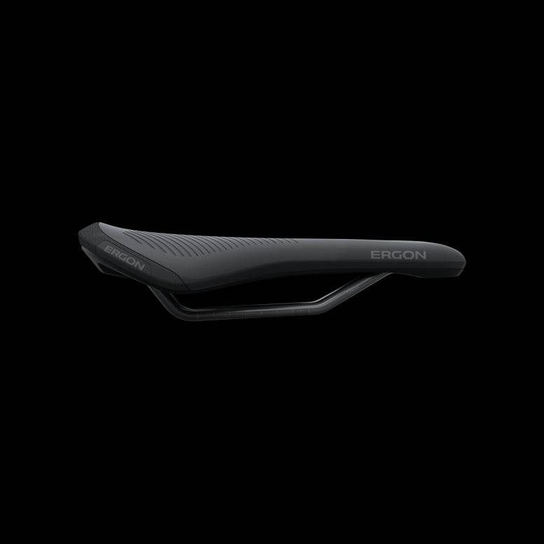 Ergon SMS Comp men's mountain bike saddle showing ergonomic design, lightweight construction, and padded comfort for off-road cycling.