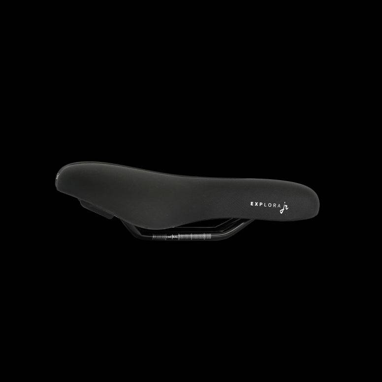 Selle Royal Explora Junior bike saddle with waterproof cover, comfort padding, and clip system for children's bikes.