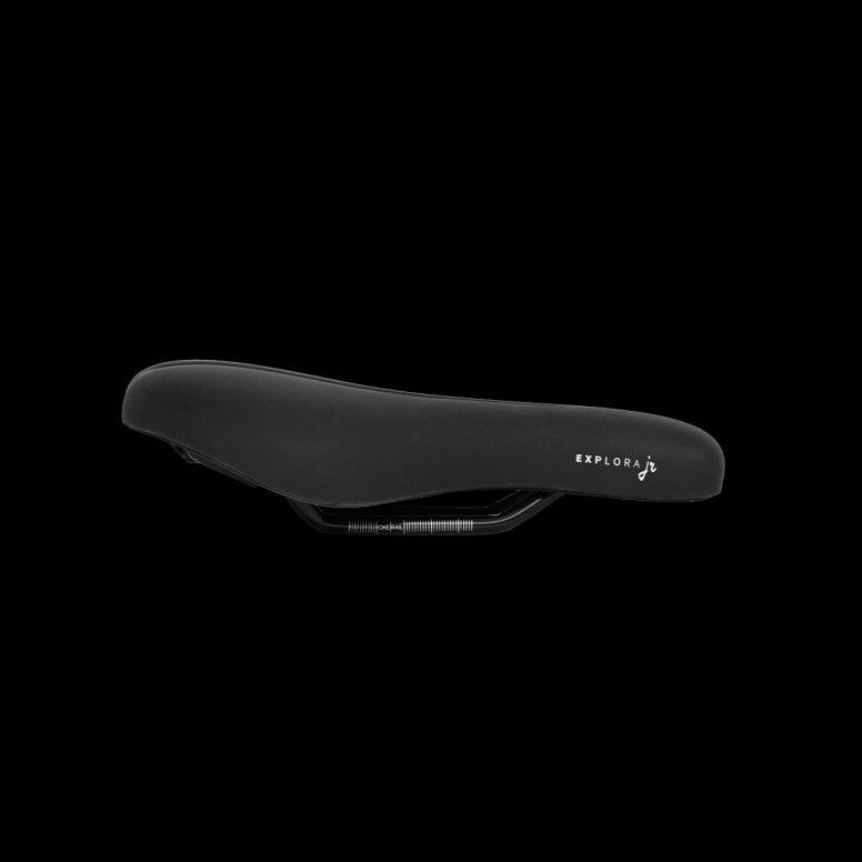 Selle Royal Explora Junior bike saddle with waterproof cover, padded comfort, and clip system for children's bicycles.