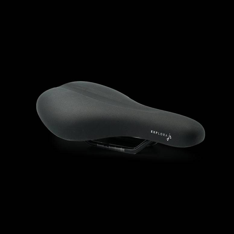 Selle Royal Explora Junior bike saddle with waterproof cover, comfortable design, and clip system for children's bicycles.