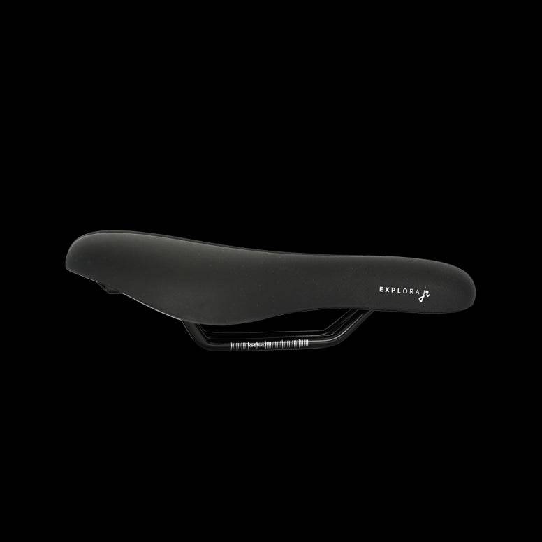 Selle Royal Explora Junior bike saddle with waterproof cover, cushioned seat, and clip system for comfortable cycling.