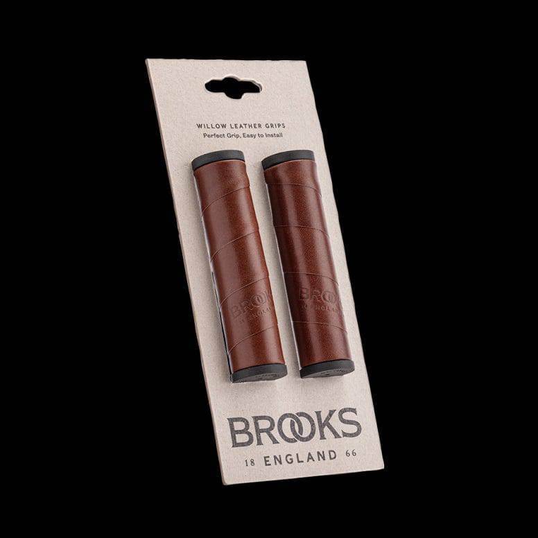 Brooks Willow leather bike handlebar grips, 130mm clampless urban grips for bike components, showing textured leather surface