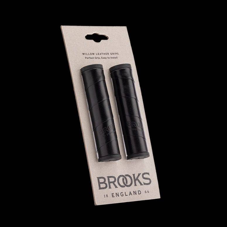 Brooks Willow leather bike handlebar grips, 130mm clampless urban handlebar grips, showing textured leather surface and metal clamps.