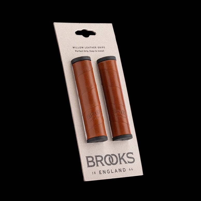 Brooks Willow leather bike handlebar grips, 130mm clampless urban grips, showing textured leather surface and ergonomic design for cycling.
