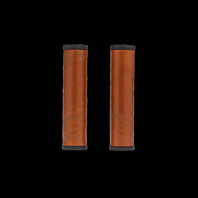 Brooks Willow leather bike handlebar grips, 130mm clampless urban handlebar grips for bike components, showcasing textured leather surface.