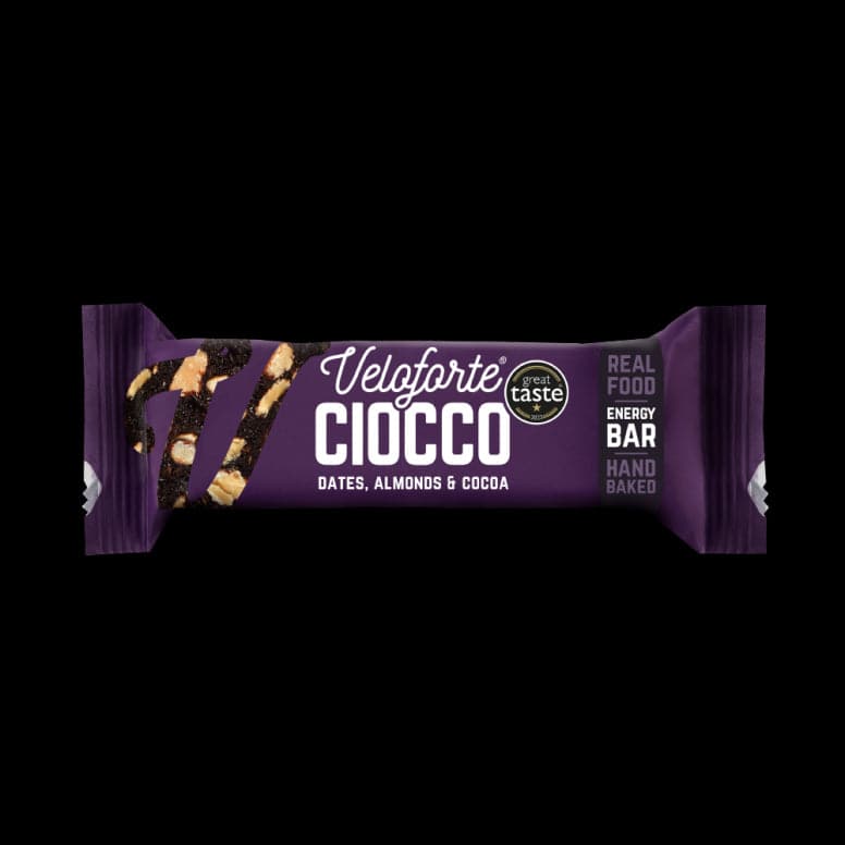 Veloforte gluten-free vegan energy bar with plant-based protein and carbs, shown in a close-up image.