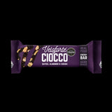 Veloforte gluten-free vegan energy bar with plant-based protein and carbs, shown in a close-up image.