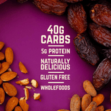 Veloforte gluten-free vegan energy bar with plant-based protein and carbs, showing the bar's packaging and ingredients.