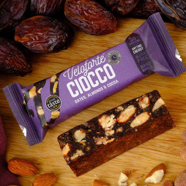 Veloforte gluten-free vegan energy bar with plant-based protein and carbs, showing its natural ingredients and packaging.