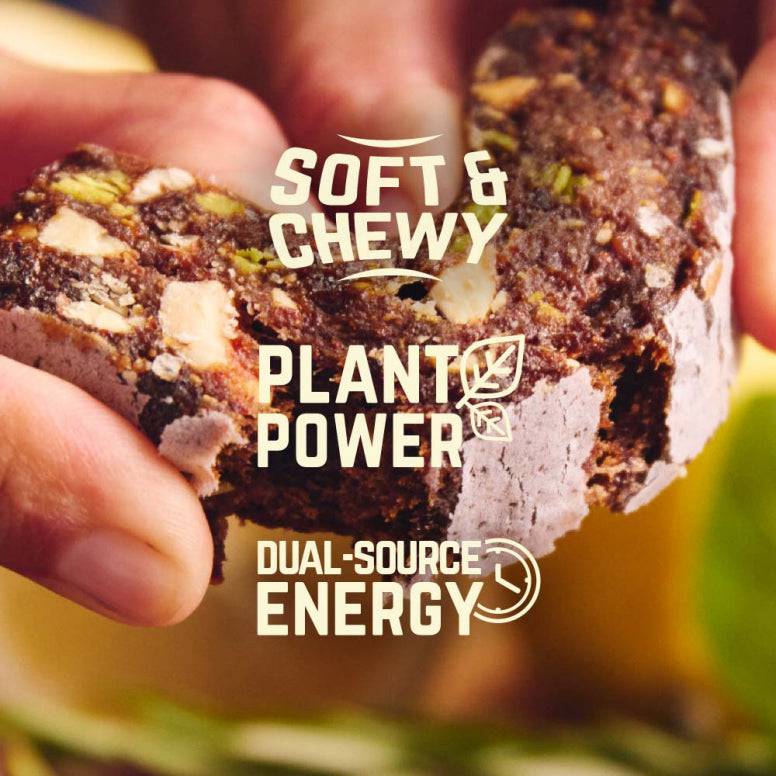 Veloforte gluten-free vegan energy bar with plant-based protein and carbs, showcasing the bar's texture and natural ingredients
