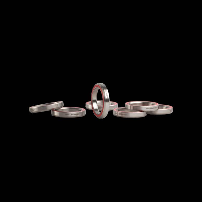 Cane Creek Hellbender 42mm headset bearing for bike steering, with 6.5mm spacers and 45° & 36° angles, close-up view.