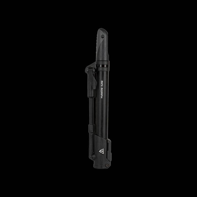 Topeak Mini Morph bike pump with fold-out foot pad and valve compatibility, suitable for inflating tires up to 160 PSI.