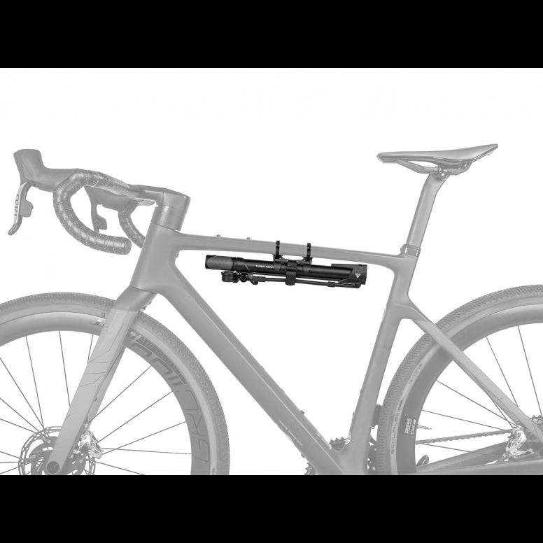 Topeak Turbo Morph bike pump with gauge in black, featuring Presta, Schrader, and Dunlop valve compatibility for cycling accessories.