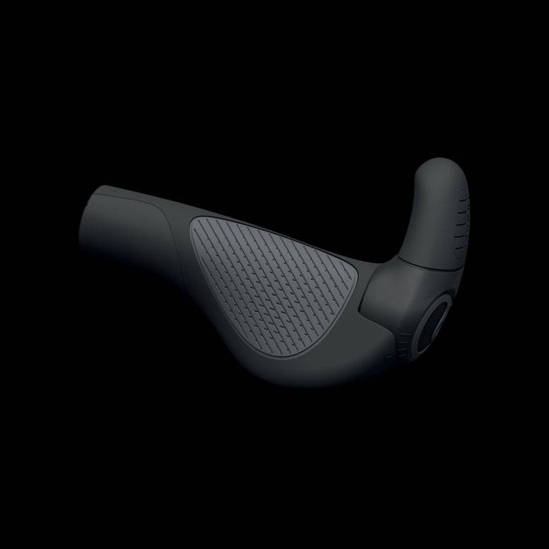 Ergon GP2 EVO ergonomic bike grips with adjustable 2-finger bar ends, providing comfort and control on a bicycle handlebar.
