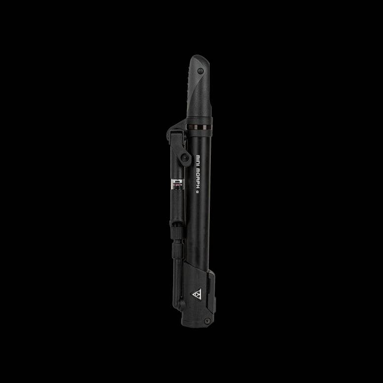 Topeak Mini Morph bike pump with fold-out foot pad and valve compatibility, capable of 160 PSI, shown with pump components.