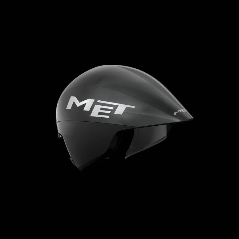 MET Drone II Wide Body triathlon aero helmet with aerodynamic design and sleek black finish, optimized for time trial cycling.