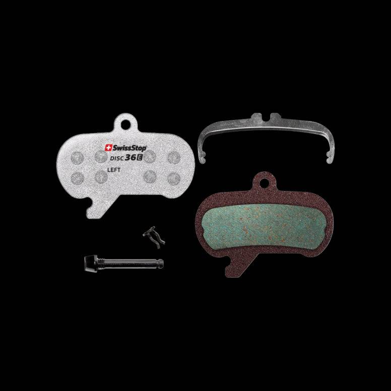 SwissStop Disc 36 brake pads for SRAM Maven Ultimate in silver and bronze, designed for high-performance bicycle braking components.
