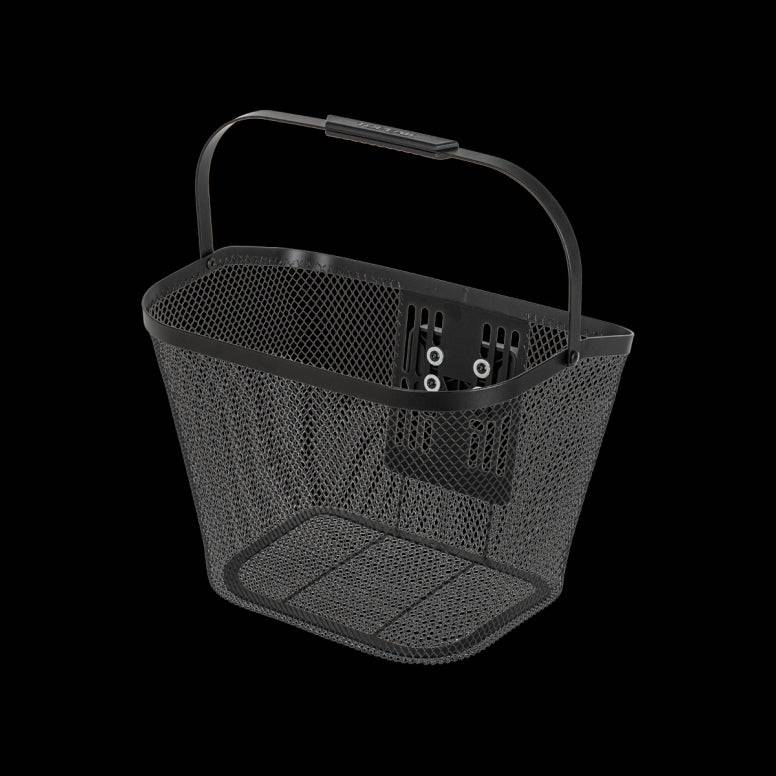 Topeak Urban Basket Front Black with QuickClick® system mounted on bike handlebar for carrying essentials