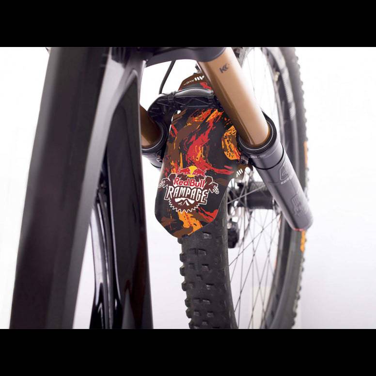 All Mountain Style Mudguard front fork protector in red and black for mountain bike, featuring Red Bull Rampage design.