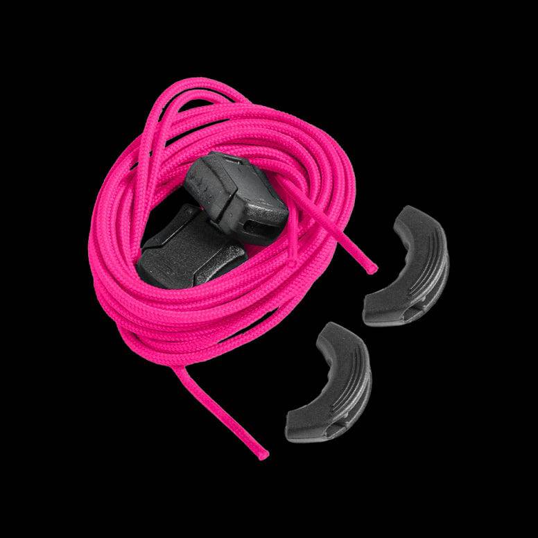 Crankbrothers pink Speedlace replacement for MTB Stamp Mallet shoes, featuring colorful laces on a shoe.