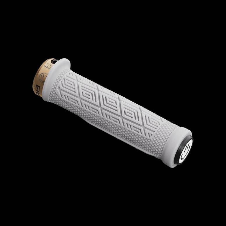 Ergon GDH Team MTB grips with ergonomic design and secure locking stops, shown installed on mountain bike handlebars.