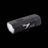 Moon Sport LEPUS LITE black bike front light with USB-C rechargeable design, 400 lumens, mounted on a bicycle in outdoor setting.