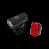 Moon Sport VELA 200lm front and ORION 50lm rear bike lights set in black, shown with mounting brackets on a bicycle.