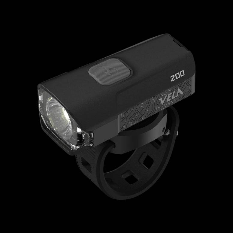 Moon Sport VELA and ORION bike light set in black, featuring a 200-lumen front light and 50-lumen rear light for cycling visibility.