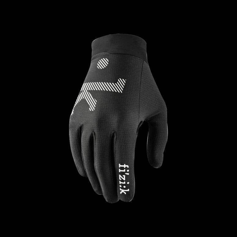 Fizik gloves with breathable fabric, perforated palm, and touchscreen compatibility, designed for comfortable cycling or running.
