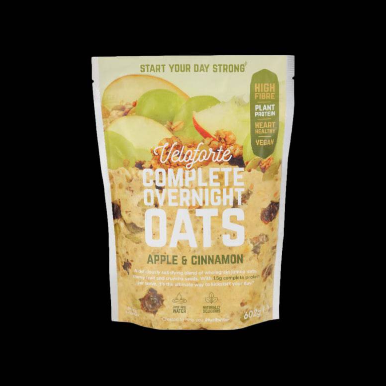 Veloforte plant-based overnight oats with seeds and real fruit in a bowl, high-protein breakfast accessory.