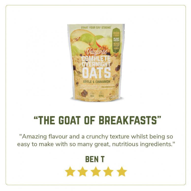 Veloforte plant-based overnight oats with seeds and real fruit, high-protein breakfast in a jar, ready to eat.